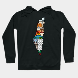 I Love Palestine My Homeland Palestinian Map with Kufiya Hatta Pattern and Most Sacred Cites In Jerusalem -blk Hoodie